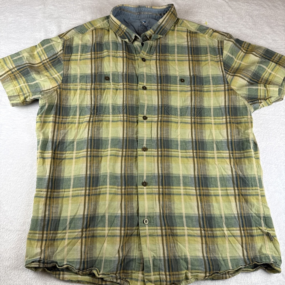 KUHL Skorpio Shirt Men XL Multi Plaid Linen Blend Tapered Short Sleeve